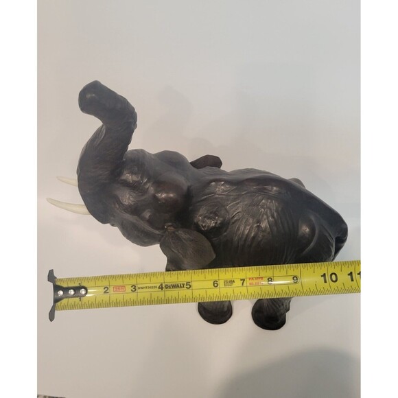 Elephant Black Leather Wrapped Vintage 13-14” Lucky Trunk Up Sculpture Statue - Picture 11 of 12
